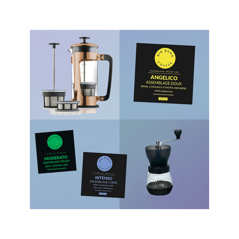 Coffret cadeau Easy Brew - French Press Cuivre + moulin - Grains - 8 tasses  - 1