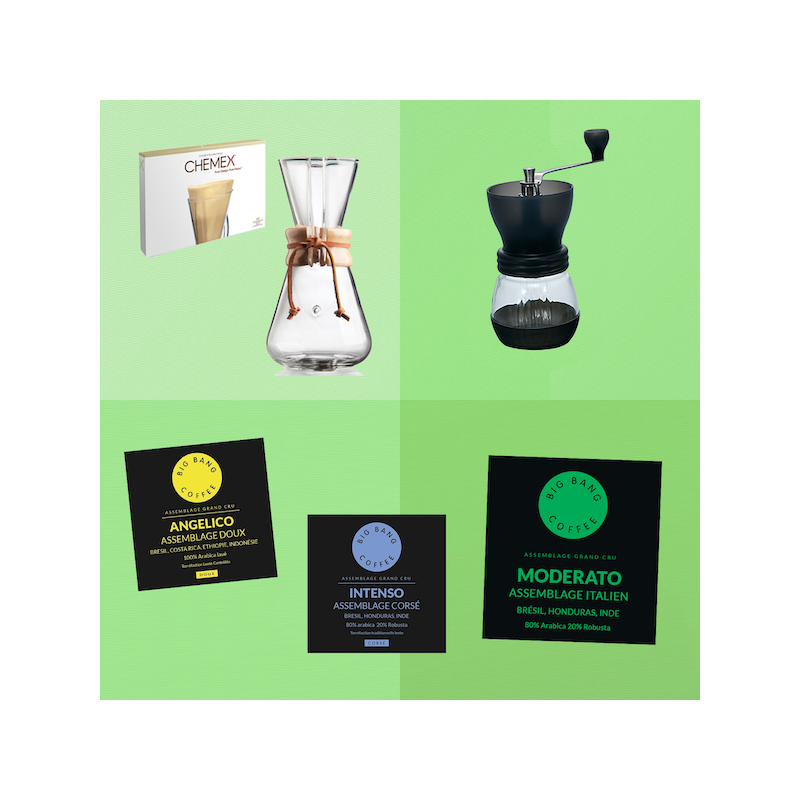 Coffret cadeau Vintage Coffee Lover - Chemex + filtres + moulin - Grains - 1/3 tasses  - 1