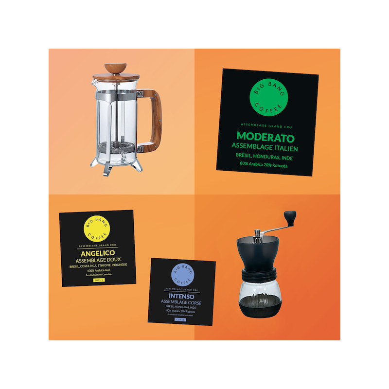 Kit découverte Easy Brew - French Press Bois + moulin - Grains - 2 tasses  - 1