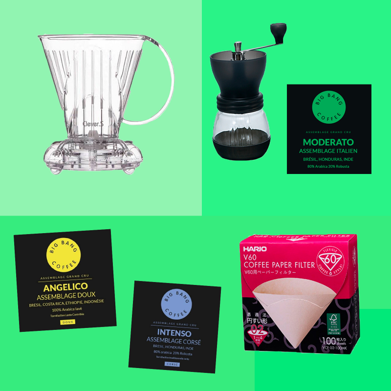 Kit découverte Slow Coffee Beginner - Dripper + filtres + moulin - Grains - 1/2 tasses  - 1