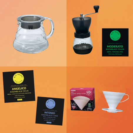 Kit découverte Slow Coffee Beginner - V60 céramique + filtres + carafe + moulin - Grains - 1/2 tasses  - 1